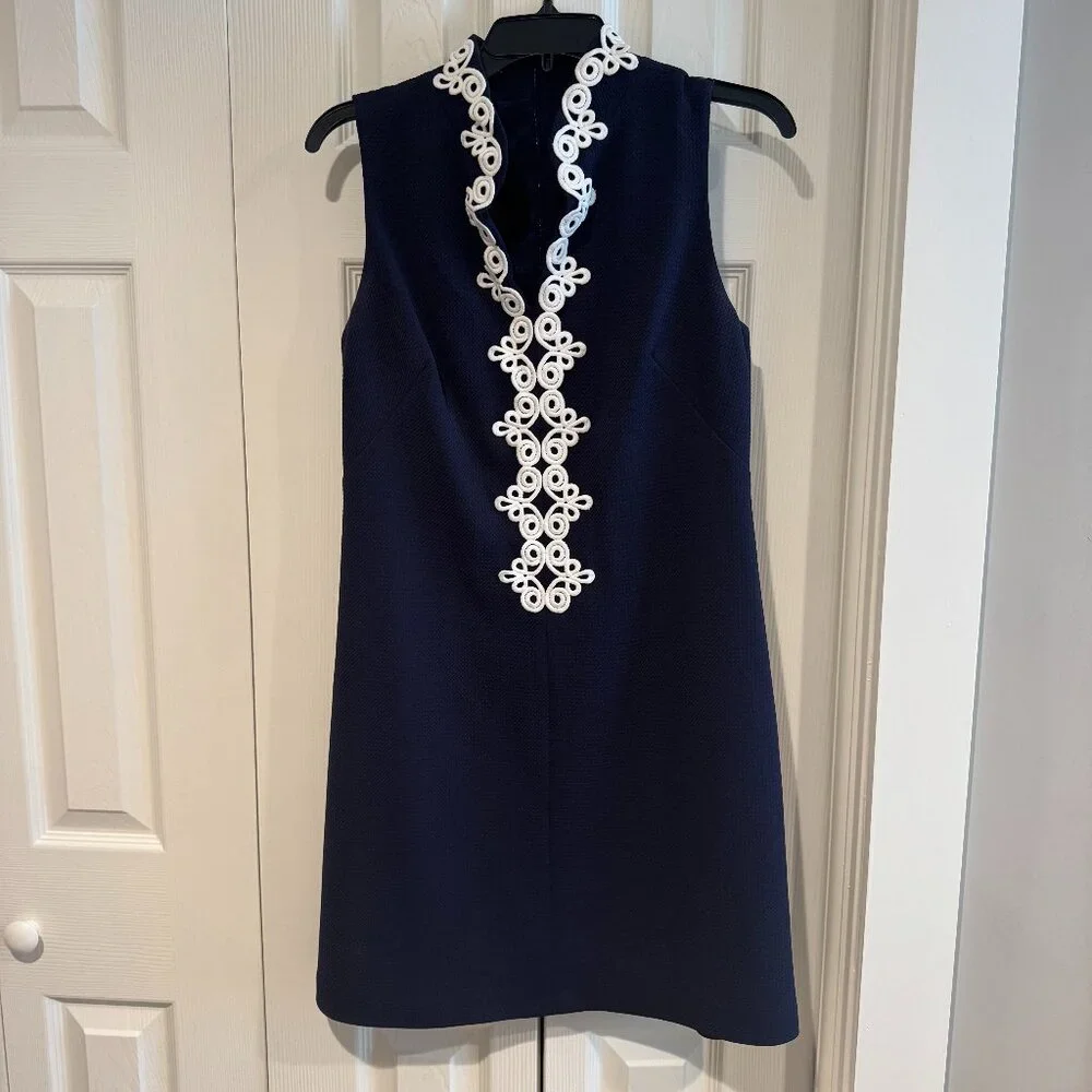 Vince Camuto Navy & White Mandarin Collar Sleeveless Mini Shift Dress Sz 8 - Picture 2 of 9